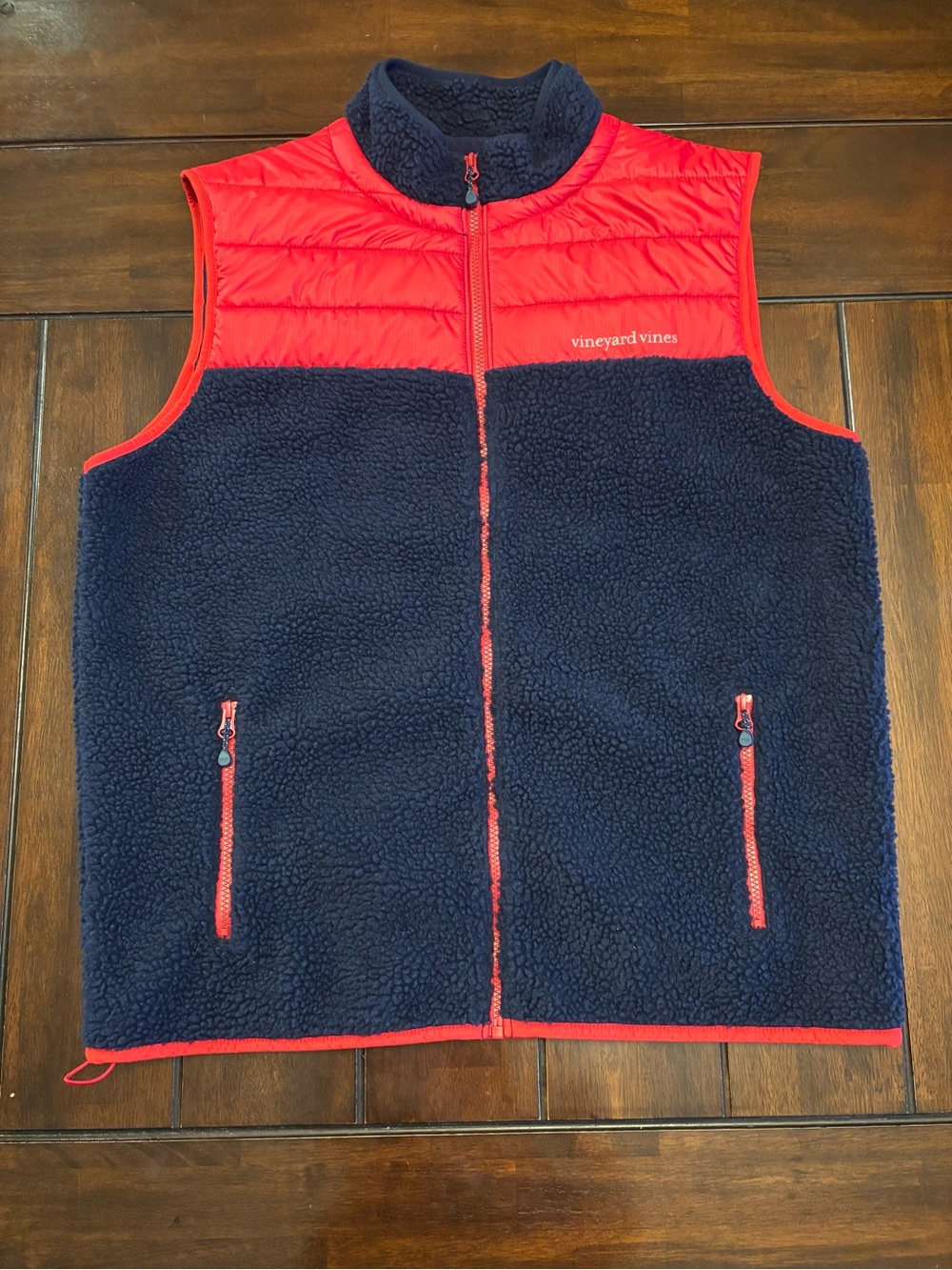 Vineyard Vines Men’s Sherpa Fleece Full- Zip Navy & Red Vest Cozy Large